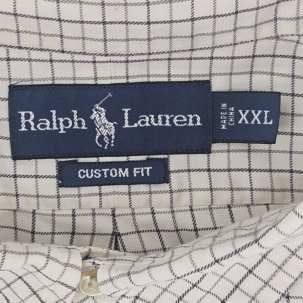 Ralph Lauren Mens XXL Custom Fit Check Button Down Shirt Tan Navy Long Sleeve - Picture 4 of 9